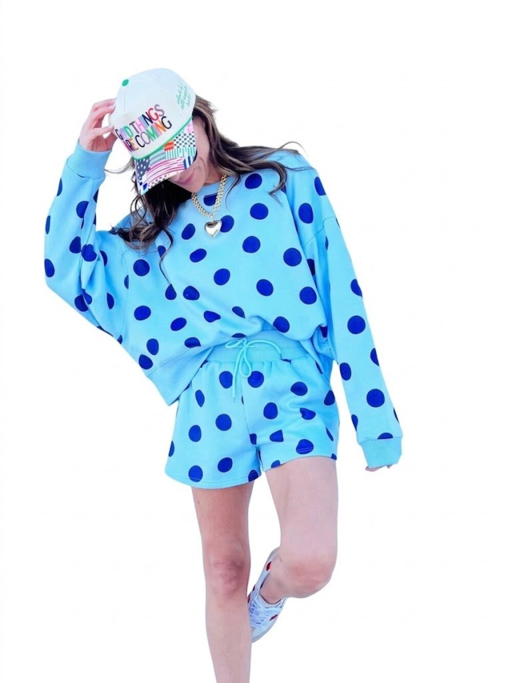Poppy & Pine Crop Sweatshirt– Navy Blue & Light Blue Polka Dot S/M